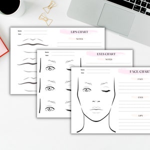Conjunto de modelos de maquiador, folhas de prática de maquiagem, gráfico de rosto de maquiador, formulário de maquiagem freelance, formulário de maquiador, DOWNLOAD INSTANTÂNEO