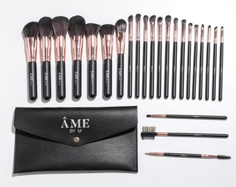 24PCS Rose Gold Black Vegan Makeup Brush Set with Travel Clutch Makeup Bag, Beauty, Vegan Brushes,  Professional Brushset, ÂME BY M