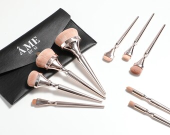 9PCS Gold Makeup Brush Set with Travel Clutch Makeup Bag, Cosmetic BrushSet, Beauty, Vegan Brushes,  High Quality Makeup Brushset, ÂME BY M