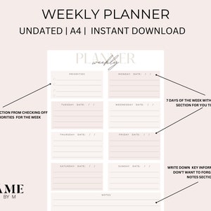 Undated Weekly Planner, Printable Weekly Planner, Weekly To Do List, Work Planner, Week at a Glance, Week on 1 page, INSTANT DOWNLOAD
