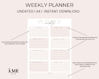 Undated Weekly Planner, Printable Weekly Planner, Weekly To Do List, Work Planner, Week at a Glance, Week on 1 page, INSTANT DOWNLOAD