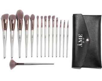 15PCS Champagne Vegan Makeup Brush Set with Travel Clutch Makeup Bag, Makeup brush case, Vegan Brushes, Soft Makeup Brushes , ÂME BY M
