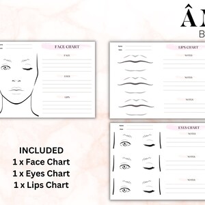 Pu&ograve; includere: Tre schede di trucco stampabili con disegni a linea nera di un viso, occhi e labbra. Ogni scheda ha un titolo e spazio per appunti. Il testo "&Acirc;ME BY M" &egrave; in alto nell'immagine.