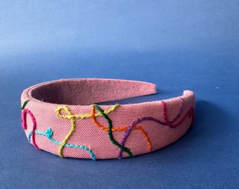 Pink Embroidered Headband , Vintage Headband , Hand Embroidered Unique Hairband