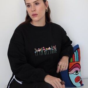 Black Hand Embroidered Side Vent Spring Flowers Sweatshirt image 5