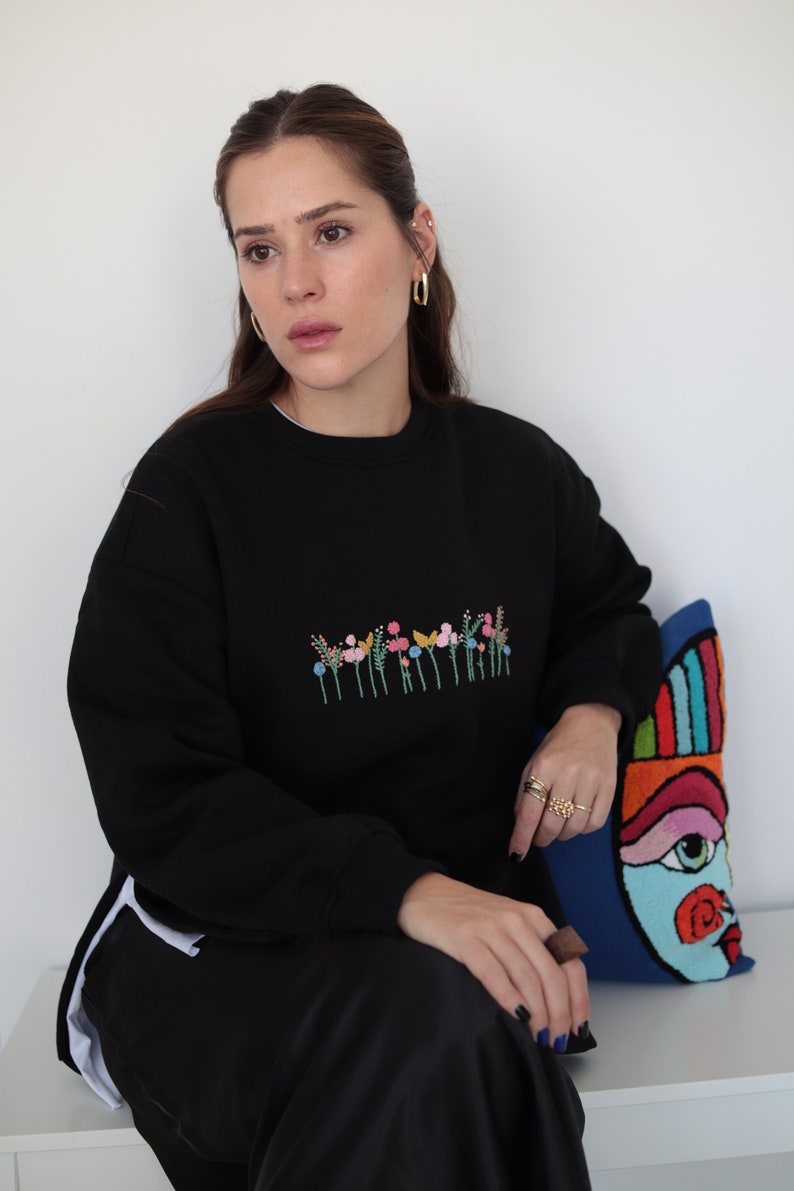 Black Hand Embroidered Side Vent Spring Flowers Sweatshirt image 5