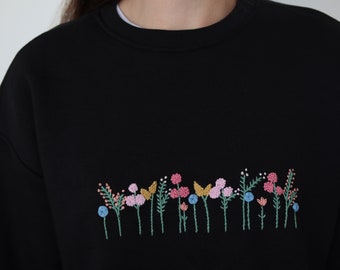 Black Hand Embroidered Side Vent Spring Flowers Sweatshirt