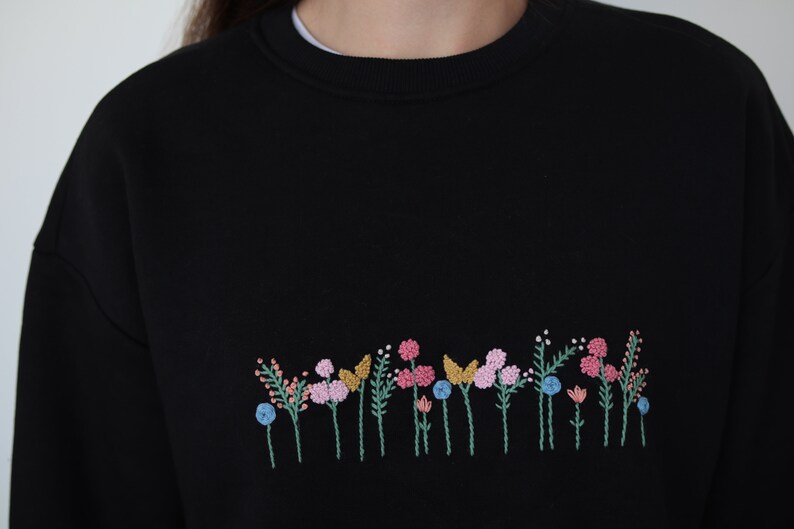 Black Hand Embroidered Side Vent Spring Flowers Sweatshirt image 1
