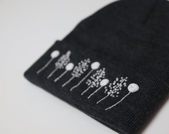 Gray Coloured Beanie | Hand Emrboidery|White Rose and Silver Flowers |