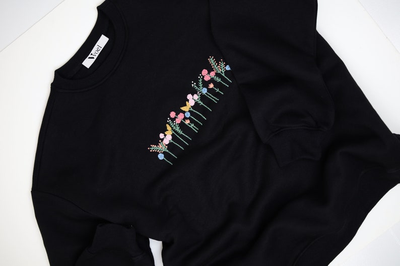 Black Hand Embroidered Side Vent Spring Flowers Sweatshirt image 2