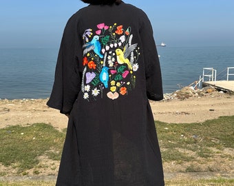 Black Kimono Floral and Bird Hand Embroidery