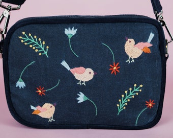 Navy Top Handle Hand Embroidered Bird Bag / Flowers And Birds Hip Bag