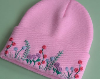 Soft Pink Floral Embroidery Beanie