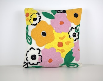 Hand Embroidered Punch Needle  Floral Pillow Cover