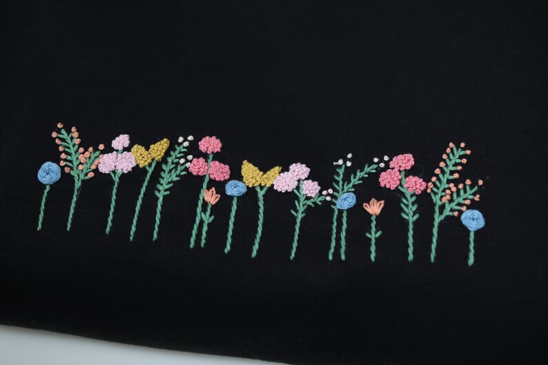 Black Hand Embroidered Side Vent Spring Flowers Sweatshirt image 3