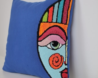 Hand Tufted Half Face Blue Punch Needle Pillow Cover with Modern Design