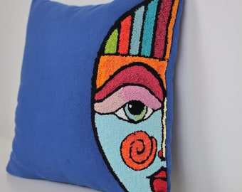 Hand Tufted Half Face Blue Punch Needle Pillow Cover with Modern Design