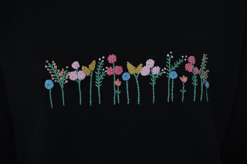 Black Hand Embroidered Side Vent Spring Flowers Sweatshirt image 7