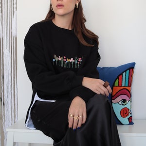 Black Hand Embroidered Side Vent Spring Flowers Sweatshirt image 4