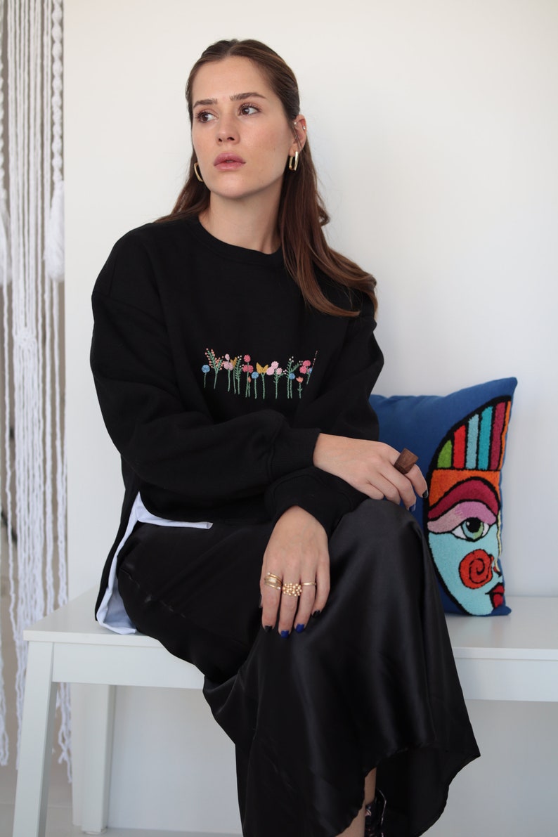 Black Hand Embroidered Side Vent Spring Flowers Sweatshirt image 4