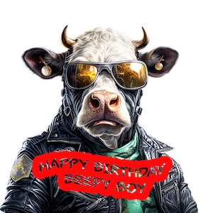 Happy Birthday Beefy Boy, koeboerenkaart en motorrijders, grappige VERJAARDAGskaart voor koe, rundvlees, melkveehouders, motorrijders