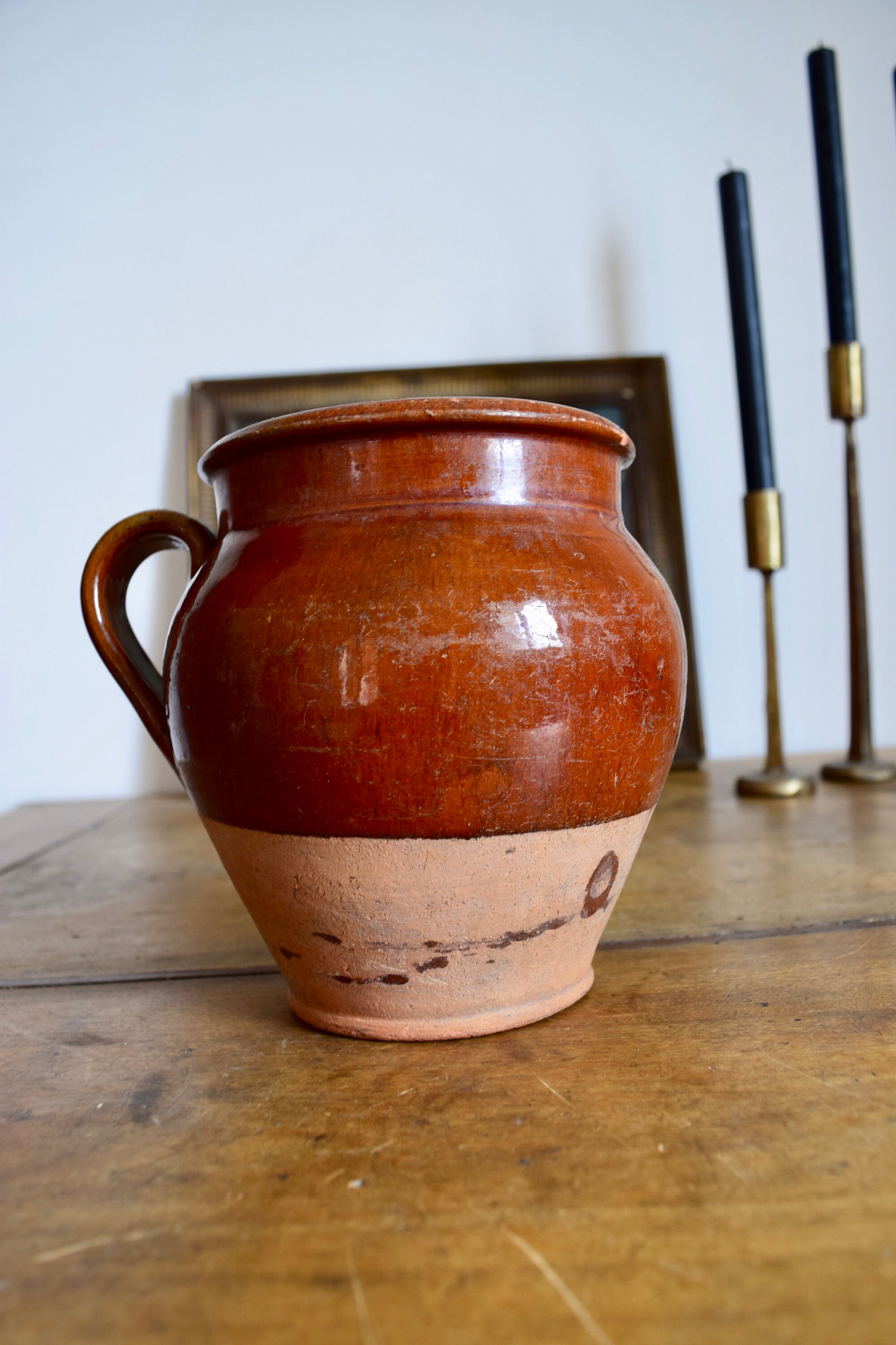 Pot en Terre Cuite Vintage Français avec Poignée, Pot Confit, Poterie Antique, Décor Provincial Fran