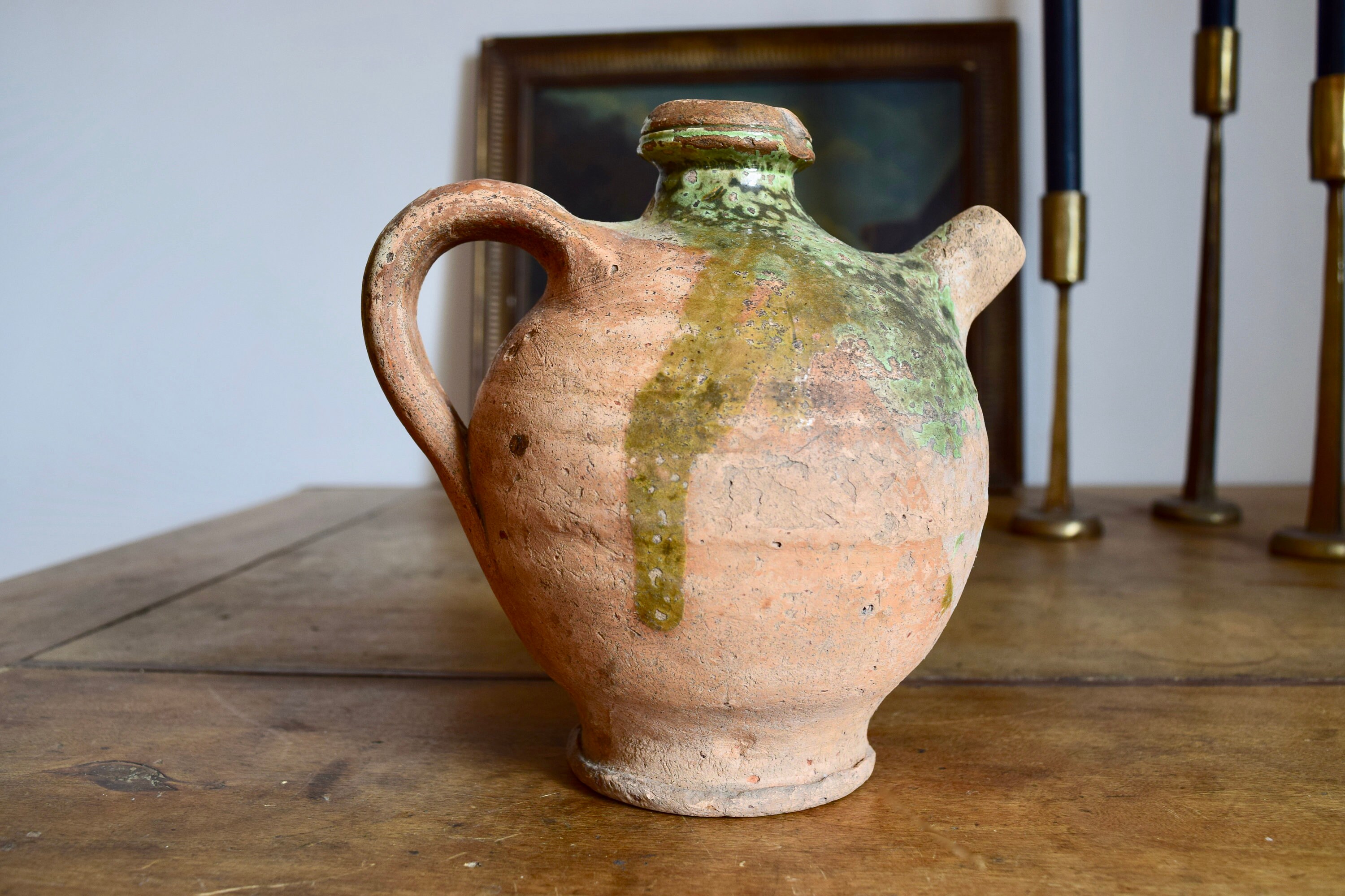 Gargoulette Français Antique, Verseur de Vin/Huile Demi-Glacé, Décor Provincial Français, Poterie Po