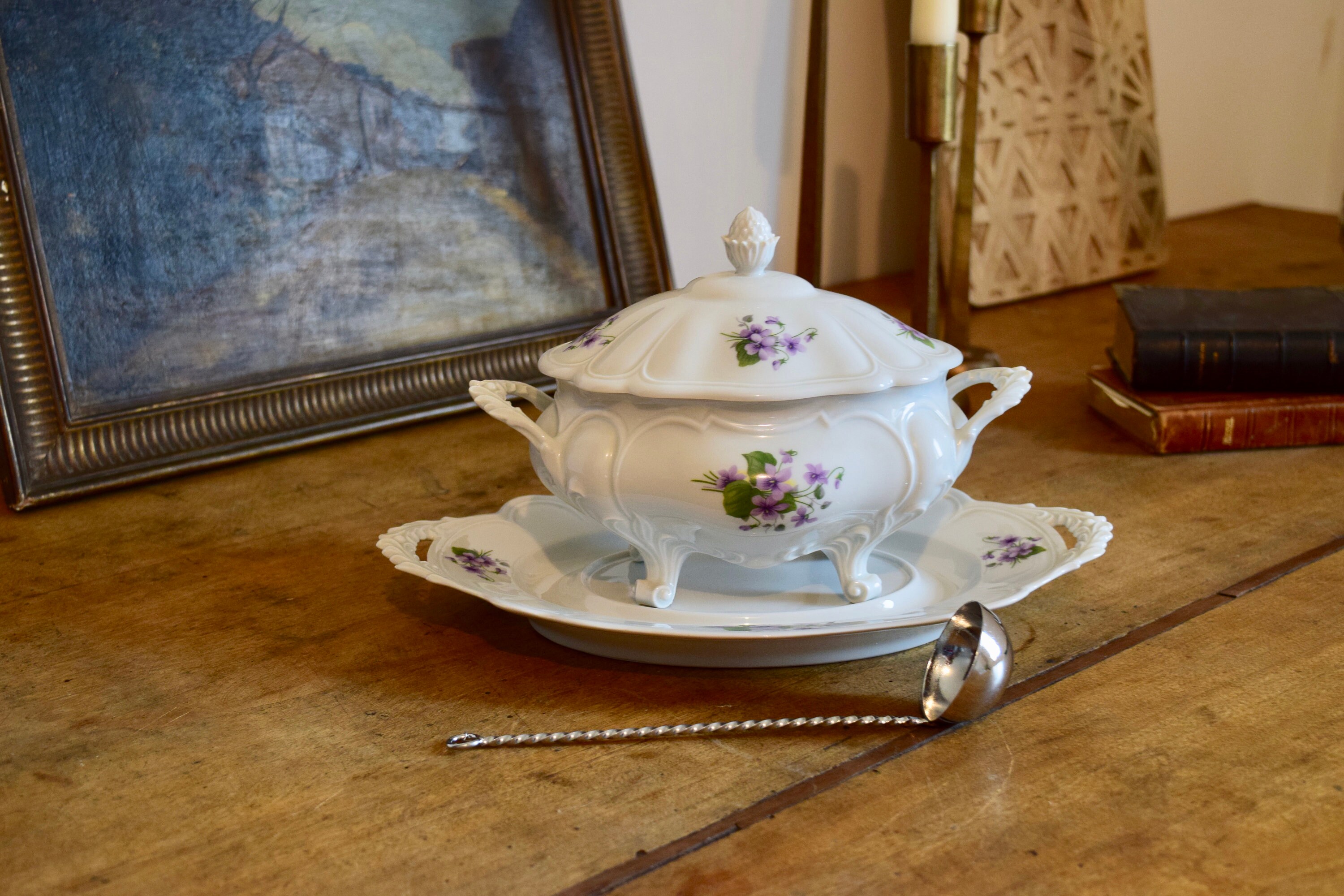 Élégant Français Porcelaine Limoges Sauce Tureen 3 Pièces Set, Vintage Porcelaine