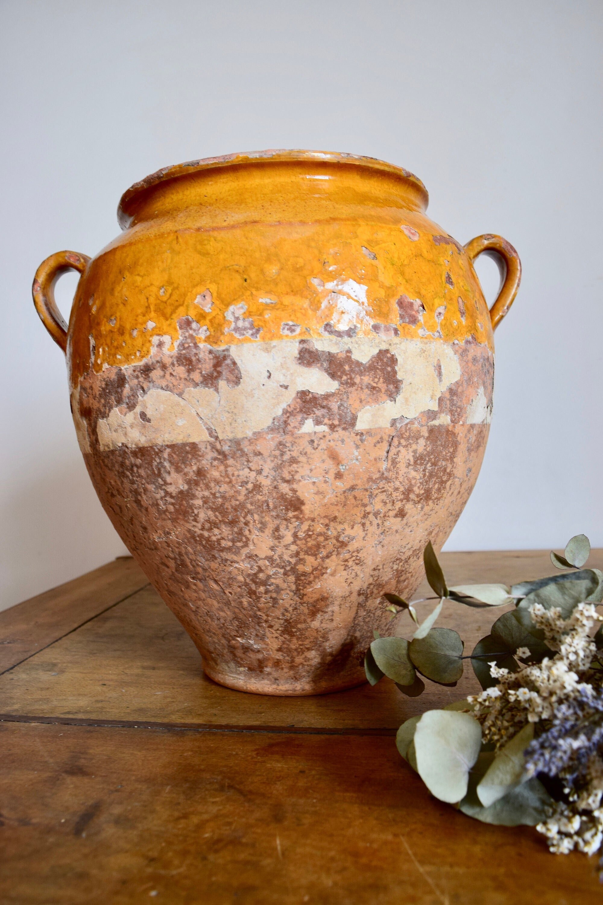 Français Grand Pot Confit Antique, Français Rustique, en Terre Cuite et Glacé Jaune