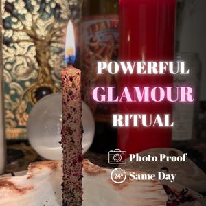 May include: A lit candle with a floral design sits in a seashell. The candle is surrounded by other candles and spiritual items. Text on the image reads "POWERFUL GLAMOUR RITUAL".