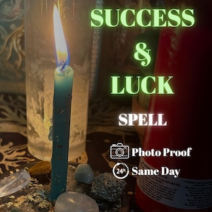 May include: A teal taper candle burns with a bright flame, surrounded by various smooth stones and herbs on a dark base. The text SUCCESS & LUCK SPELL is displayed in green, alongside icons for Photo Proof and 24h Same Day service.