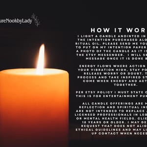 May include: A lit orange candle with a bright flame against a dark background. Text on the right side explains the candle's purpose and the process involved. The candle is part of a spiritual offering.