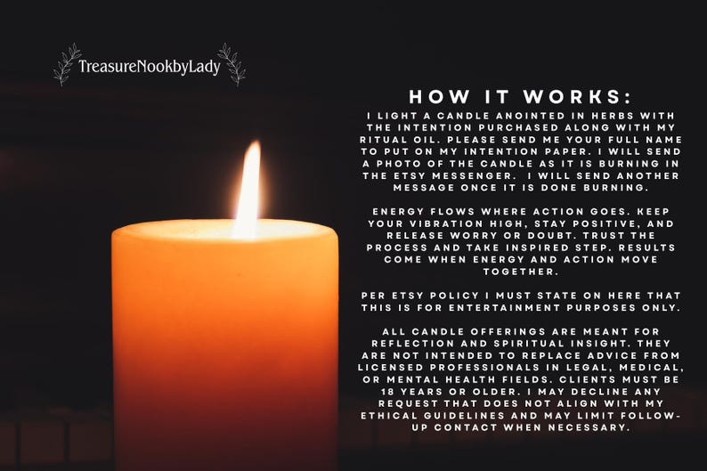 May include: A lit orange candle with a bright flame against a dark background. Text on the right side explains the candle's purpose and the process involved. The candle is part of a spiritual offering.