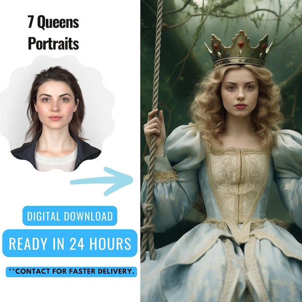 Custom Royal Portrait from Photo | Renaissance Portrait | Historical Portrait Custom Women Portrait | Queen on the swing | Digital download