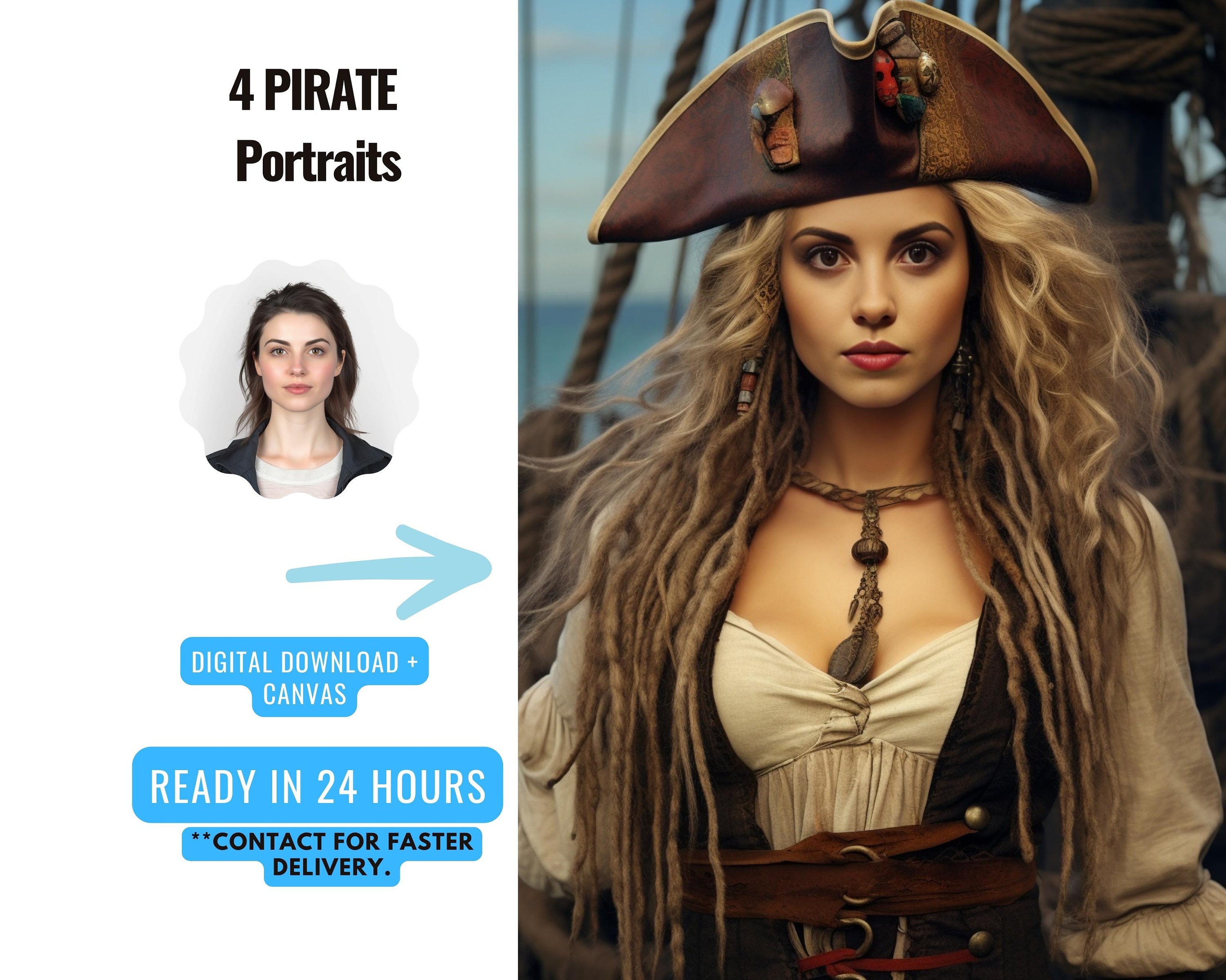 Ritratto pirata personalizzato da foto / Ritratto da foto, Ritratto storico Ritratto personalizzato di donna, Ritratto personalizzato, Regalo per la festa della mamma