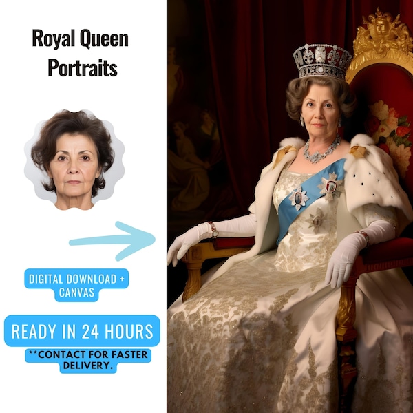 Personalisiertes Portrait vom Foto | Personalisierte Königin Porträt | Historisches Portrait | Muttertagsgeschenk | Geschenk für Oma