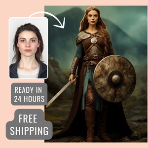 Retrato vikingo personalizado de foto / Traje de estilo vikingo Arte de pared / Pintura vikinga / Retrato personalizado / Impresión de lienzo / Regalo de mujer vikinga
