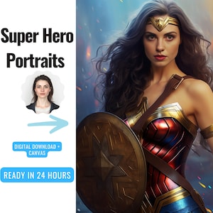 Personalisierte Wunderfrau Porträt | Personalisierte Porträts | Superhelden Portrait vom Foto | Personalisierte realistische Superheld | Benutzerdefiniertes Porträt