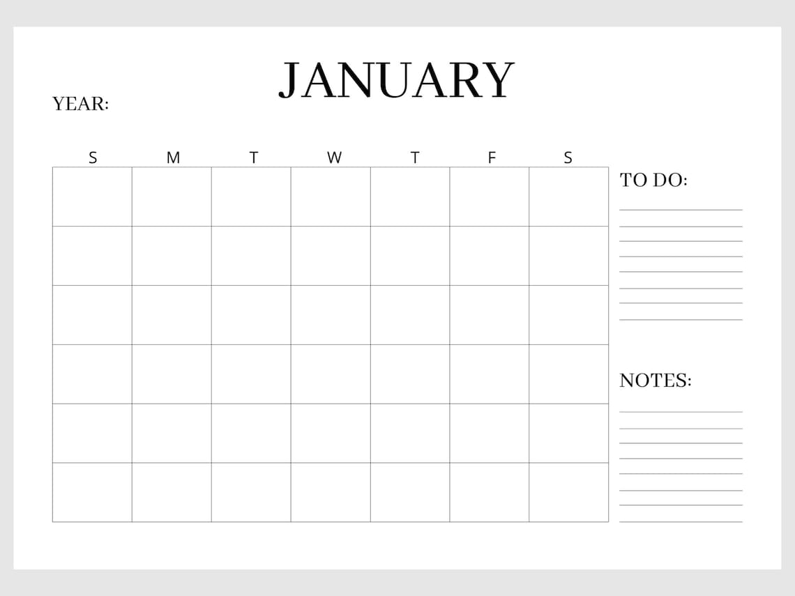 Blank Monthly Calendar Minimalist Calendar Horizontal Printable ...