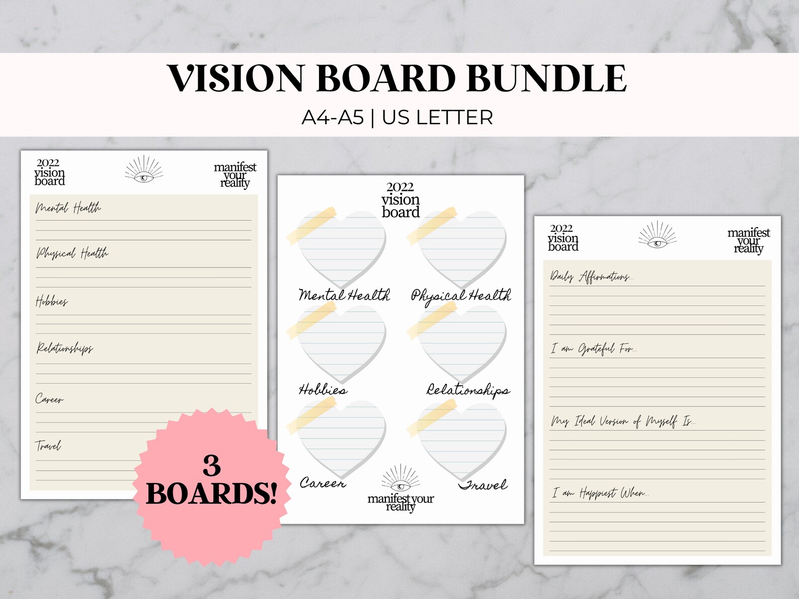 2022 Vision Board Printables Minimal Goal Setting Board Law of ...
