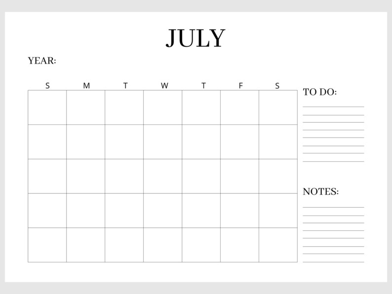 Blank Monthly Calendar Minimalist Calendar Horizontal Printable ...