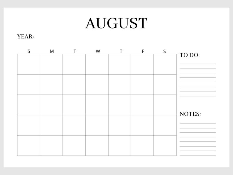 Blank Monthly Calendar Minimalist Calendar Horizontal Printable ...