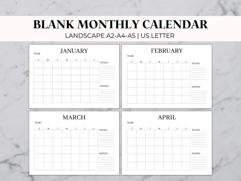 Blank Monthly Calendar Minimalist Calendar Horizontal Printable ...