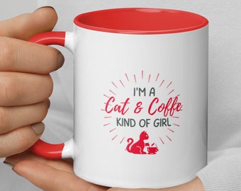 Cat & Coffee Kind of Girl Mug w/ Red Inside and On Handle