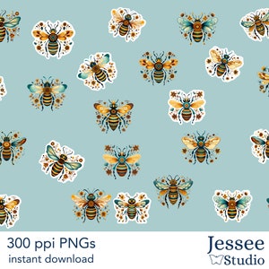 Bee Clipart, Bee Clip Art, Clipart, Clip Art, PNG, Stickers, Digital Stickers, Digital Planner Stickers, Junk Journal, Honey Bee, Folk Art