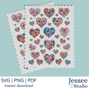 May include: A sheet of colorful heart-shaped stickers with intricate floral designs. The hearts are arranged in a grid pattern on a white background.