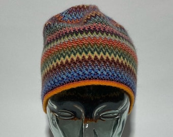 Lambswool & Angora Knitted Hat in Multi Colour Zig Zag Pattern - Designed and Made in Scotland