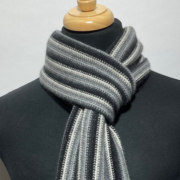 Lambswool & Angora warp knitted scarf in classic multi colour stripes. Designed and Made in Scotland
