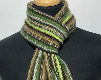 Lambswool warp knitted scarf in classic multi colour stripes. Designed and Made in Scotland.