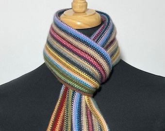 Cashmere Warp Knitted Scarf in Classic Multi Colour Stripes. Designed and Made in Scotland.